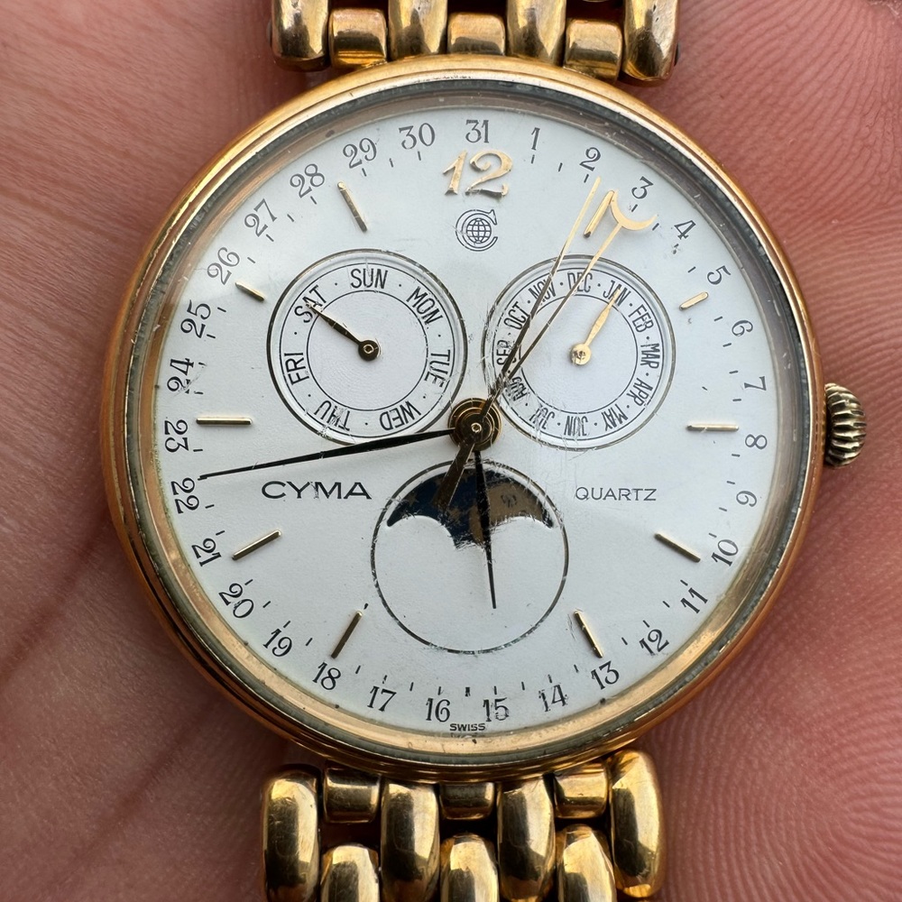 Rare Vtg Cyma Triple Calendar Quartz Unisex Gold Plated Watch 🔥🔥
